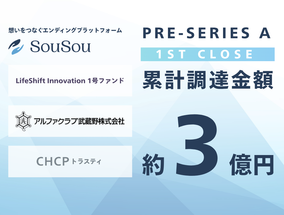 エンディングプラットフォーム「SouSou」、 業界横断の事業連携による総額約1.8億円の資金調達をプレシリーズA(ファーストクローズ)で実施