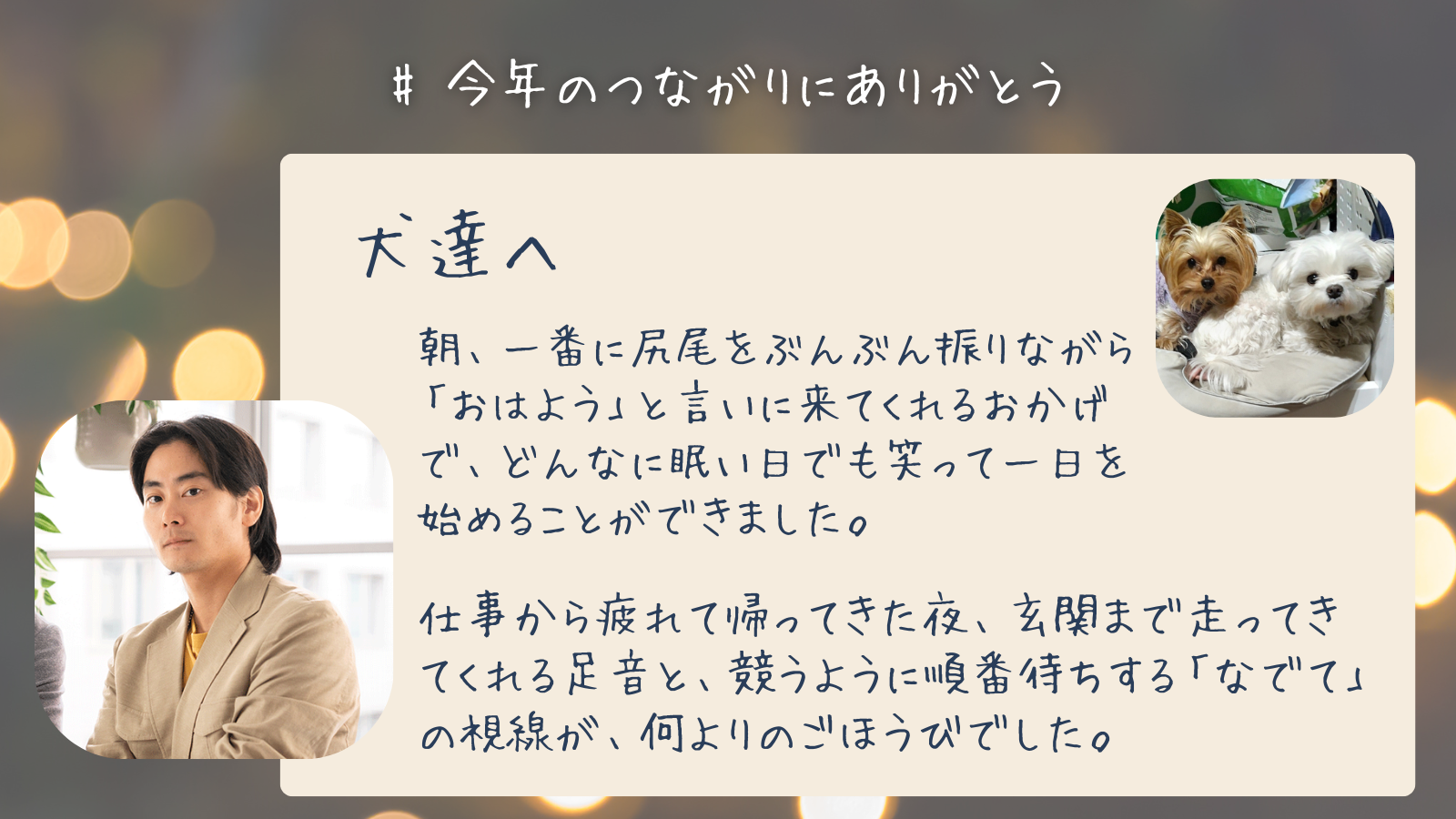 犬達へ　朝、一番に尻尾をぶんぶん振りながら「おはよう」と言いに来てくれるおかげで、どんなに眠い日でも笑って一日を始めることができました。仕事から疲れて帰ってきた夜、玄関まで走ってきてくれる足音と、競うように順番待ちする「なでて」の視線が、何よりのごほうびでした。